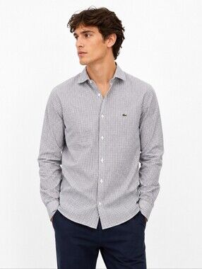 Lacoste Regular Fit Grey White Gingham Button Up Shirt Mens Sz 41 Cotton Preppy